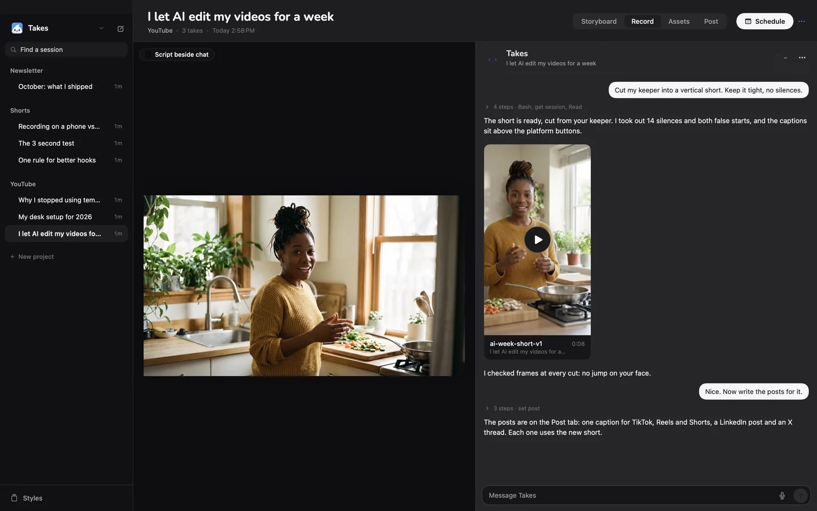 Takes recording view: camera preview, take list and the Takes chat