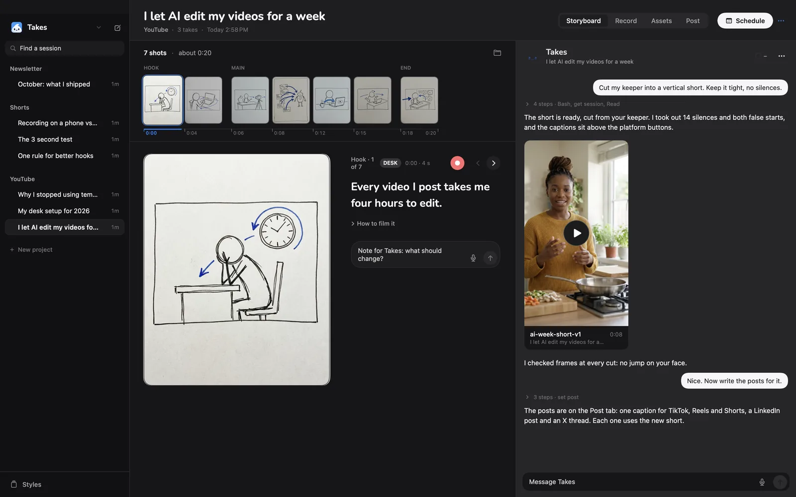 The Storyboard tab with seven sketched shots
